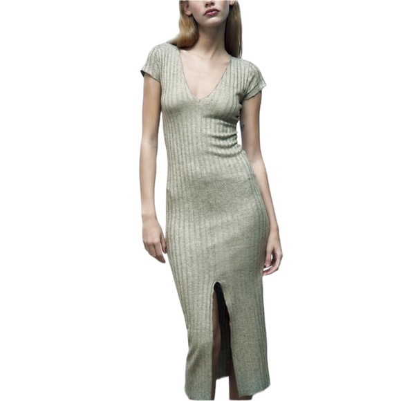 Zara Dresses & Skirts - Zara Ribbed Bodycon Midi Dress cream Size Medium